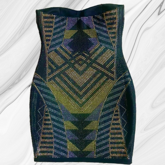 VA VA VOOM Gold Silver Blue Green Metal Beaded Dress M - Picture 8 of 10